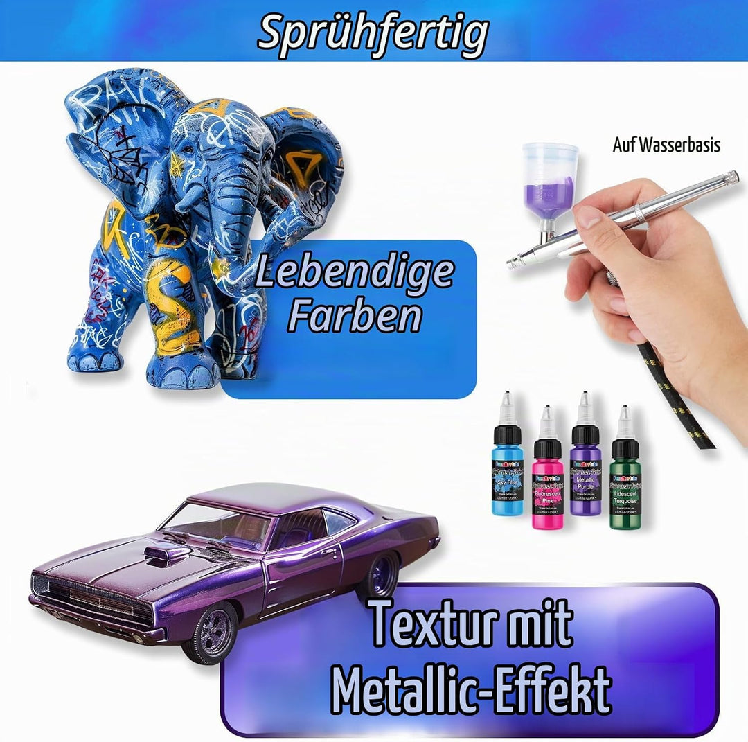 FansArriche Airbrush Farbe, 44 Farben+6 Verdünner, Acryl-Luftpinsel-Set, blickdichte und neon Farben