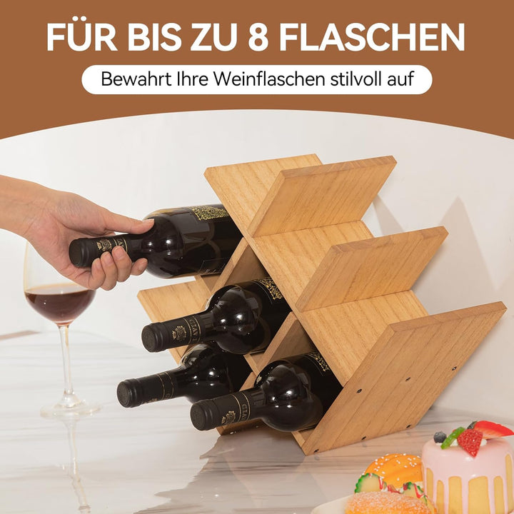 KIRIGEN hölzernes 8-Flaschen-Weinregal, 3-stufiges Holz-Wein-Displayregal, Stand- und Theken-Weinauf