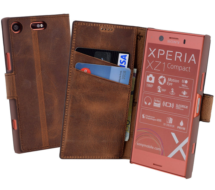 Suncase Book-Style für Sony Xperia XZ1 Compact (Slim-Fit) Ledertasche Leder Tasche Handytasche Schut