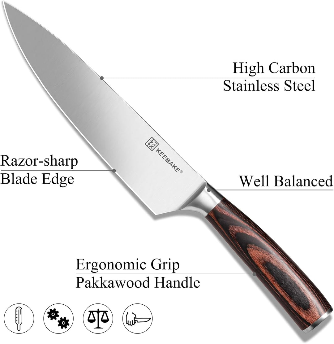 KEEMAKE Kochmesser, 20 cm Küchenmesser Messer Allzweckmesser aus hochwertigem Edelstahl, Extra Schar