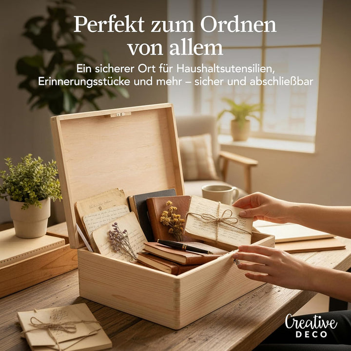 Creative Deco XL Grosse Holzkiste mit Deckel und Schlüssel | 40x30x14 cm (+/-1cm) | Erinnerungsbox B