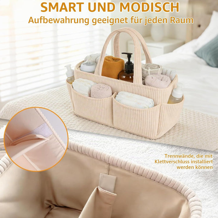 Wickelkorb Cord für Wickeltisch,Baby Windel Caddy Organizer mit Wechselbaren Fächern,Stilvoller Aufb