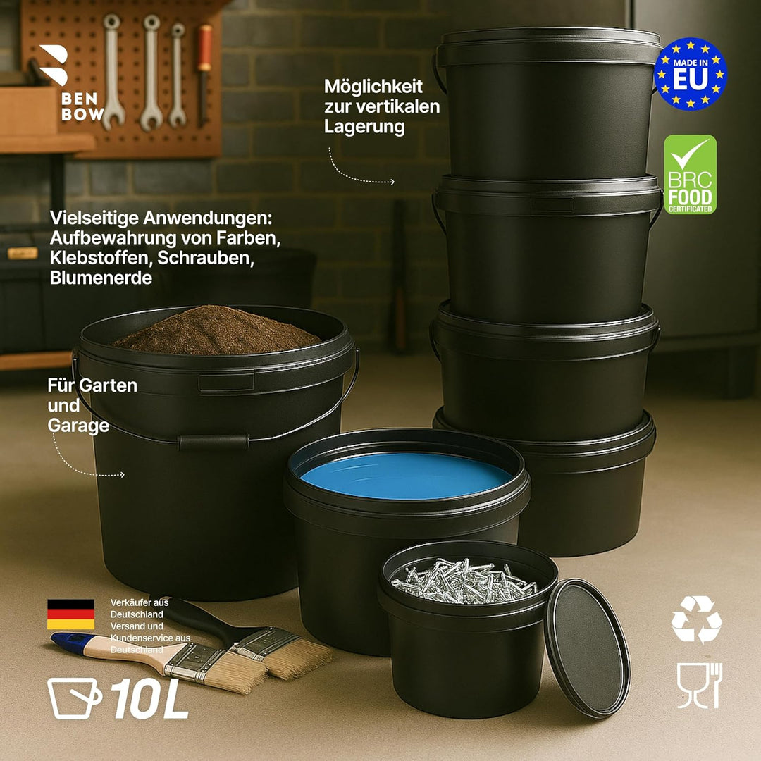 BenBow Eimer mit Deckel 10l schwarz 10x 10 Liter - lebensmittelecht, stabil, luftdicht, auslaufsiche