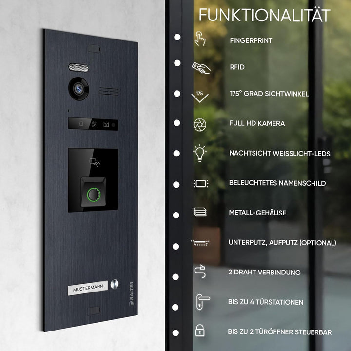 Balter EVO-HD Video Türsprechanlage mit Fingerprint, Video Türklingel, 1 Familienhaus, 2X 7 Zoll Mon