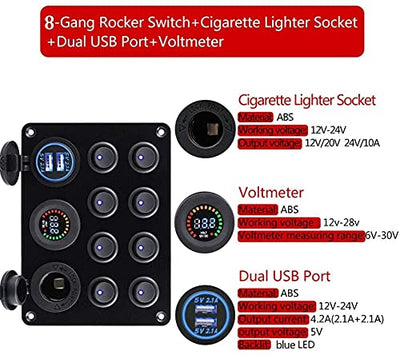 Riloer Panel mit 8 Wippschaltern 12-24V mit Dual-USB-Anschluss, 12V Digitalvoltmeter, Steckdose - fü