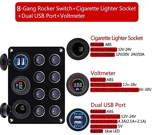 Riloer Panel mit 8 Wippschaltern 12-24V mit Dual-USB-Anschluss, 12V Digitalvoltmeter, Steckdose - fü