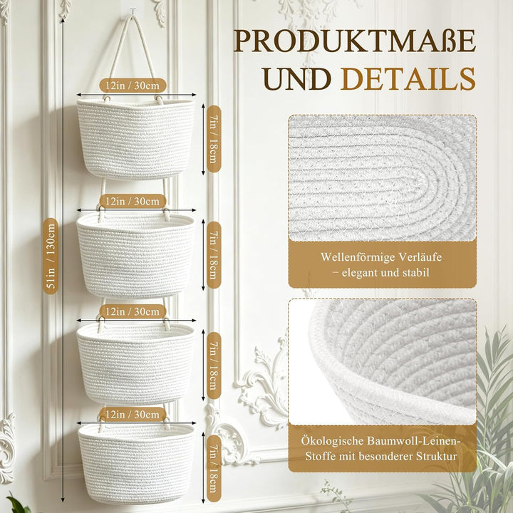 Tür Organizer hängend 4-stöckig, Weiss | Hängekorb aus Baumwollseil, Mit 4 Haken ohne Bohren, 2 vers