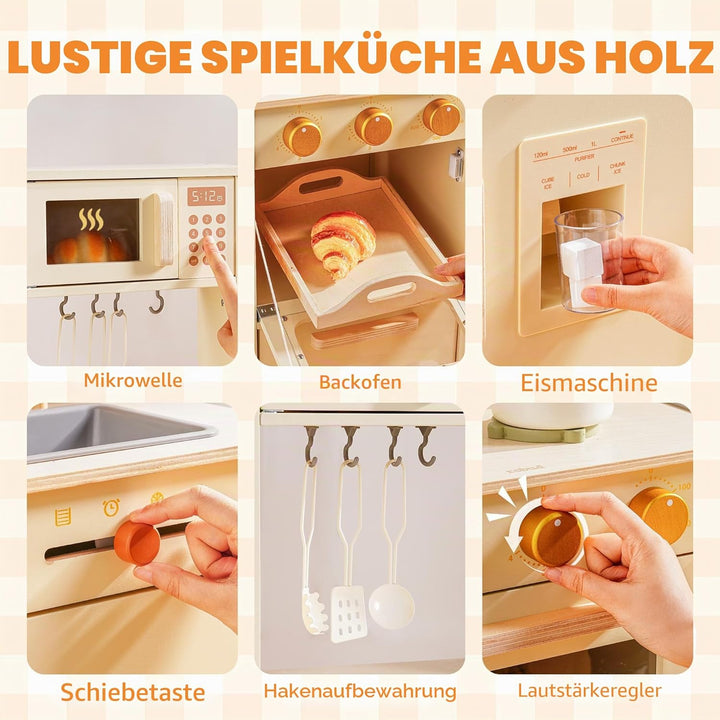 ROBUD Kinderküche aus Holz – Spielküche mit Kühlschrank, Eiswürfelspender, Backofen & Zubehör, Rolle
