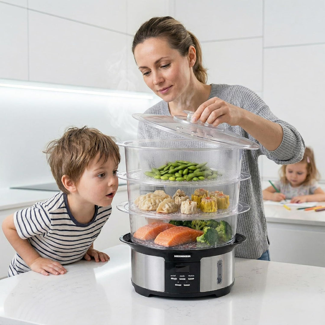 ONE STEAM Dampfgarer 12 L – 3 Etagen, 5 Garprogramme & Startvorwahl bis 12 Std für komplette Mahlzei