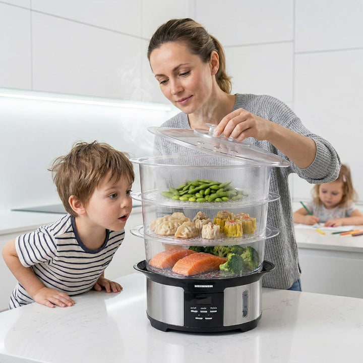 ONE STEAM Dampfgarer 12 L – 3 Etagen, 5 Garprogramme & Startvorwahl bis 12 Std für komplette Mahlzei
