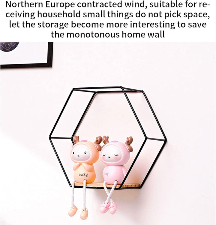 LMYDIDO 3er-Set Hexagon Wandregal Hängeregal, Metall und Holz Schweberegal Wandaufbewahrung Organize