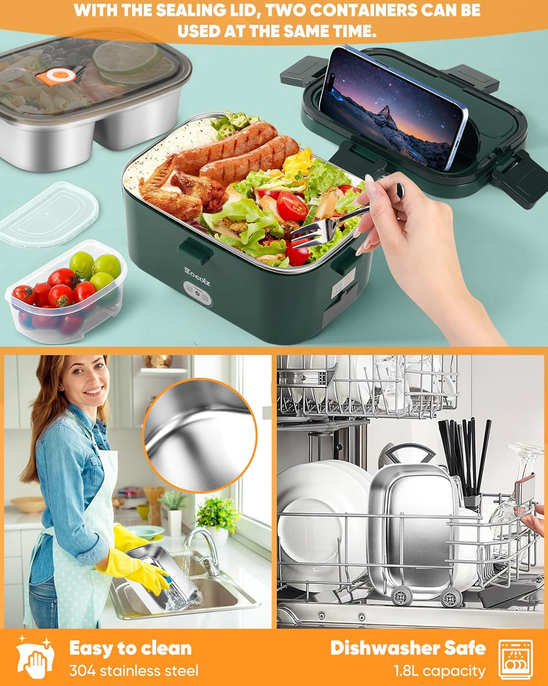 Eocolz Elektrische Lunchbox Food Heater 100W, Speisenwärmer mit 1,8L Tragbare Beheizte Lunchbox für
