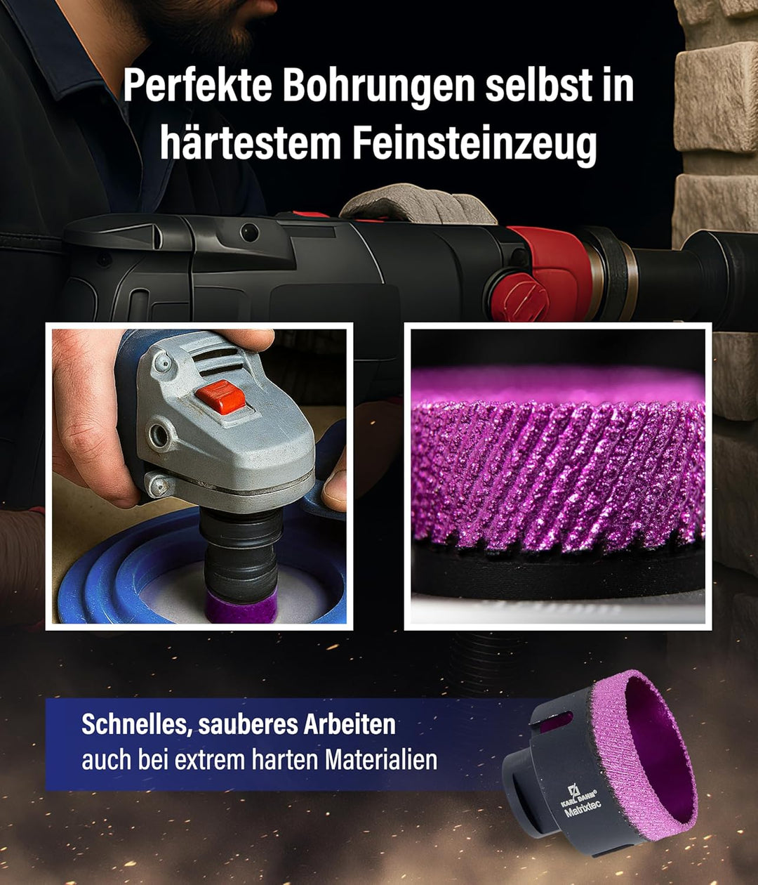 Karl Dahm MATRIXTEC Diamant-Trockenbohrkrone Ø 75 mm I Fliesenbohrer für Feinsteinzeug, Fliesen & Na