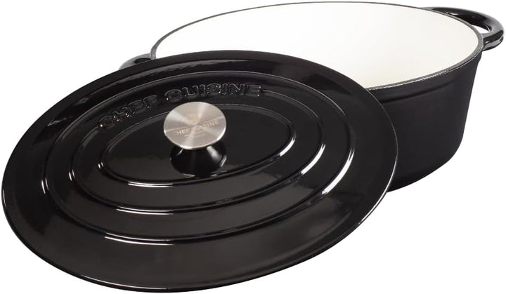 CHEF CUISINE Bräter Gusseisen mit Deckel, Oval gross 6,7 L, Induktion, Schwarz, hitzebeständig bis 3