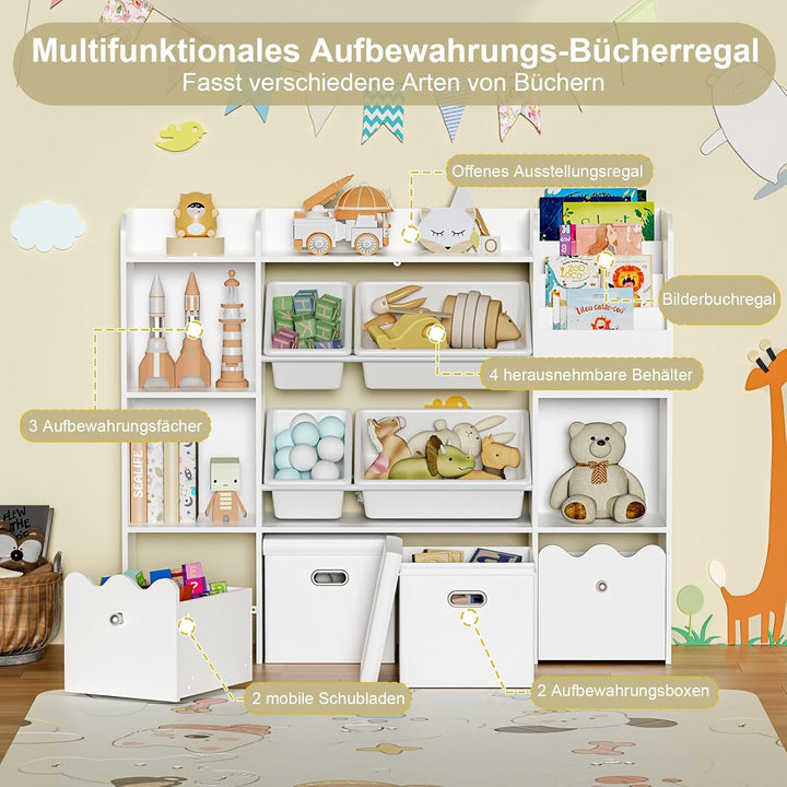 HOMMPA Holz Kinder Bücherregal Kinderregal mit 4 Boxen und Schubladen kommode Kinderzimmer Regal Wei