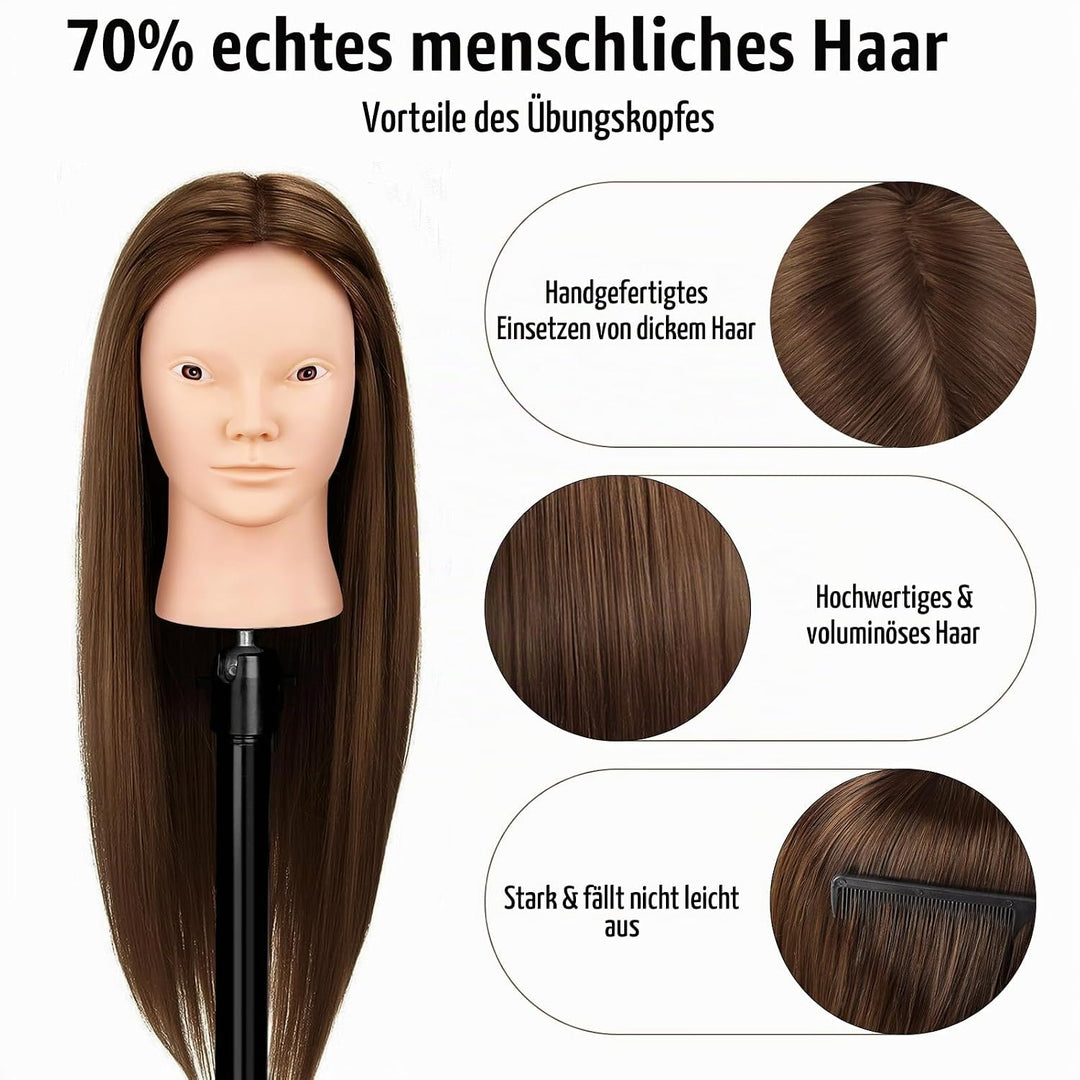 Frisierkopf Echthaar, TopDirect 66cm/26 Zoll 70% Echtes Haar Ubungskopf Friseur Trainingskopf mit Fl