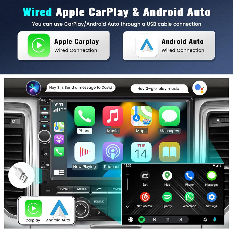 CAMECHO 2 Din CarPlay Autoradio mit Apple CarPlay Android Auto, 7 Zoll Touch Bildschirm Auto Radio m