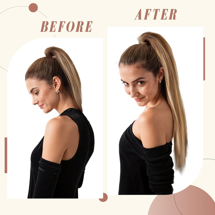 Elailite Ponytail Extension Echthaar #12P613 Goldbraun mix Bleichblond, Haarverlängerung Zopf Haarzo