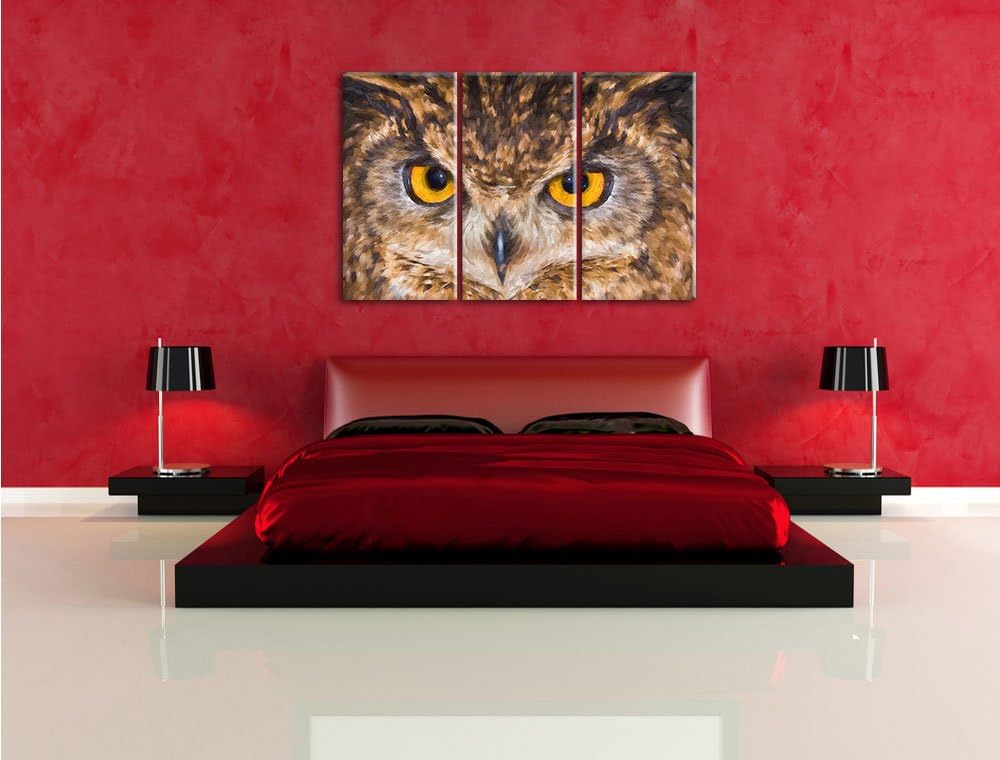 Pixxprint Eule mit gelben Augen als Leinwandbild/Grösse: 3 Teilig (120x80) cm/Wandbild/Kunstdruck/fe