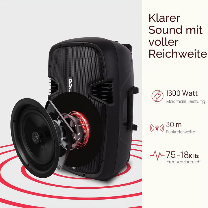 Pyle Partybox, Bluetooth Lautsprecher Gross- Trag & Rollbar, Musikbox mit 2 Mikrofone & Fernbedienun