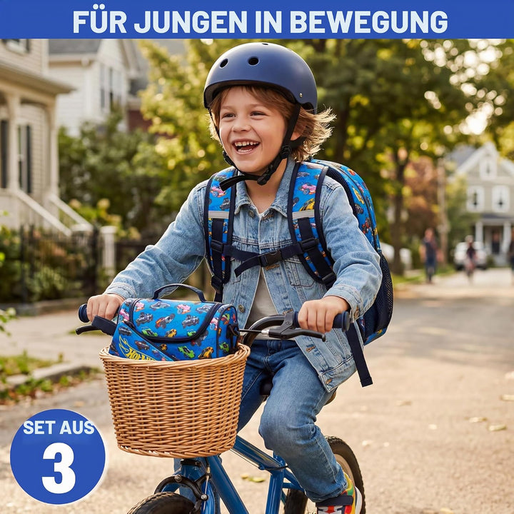 Get Trend Hot Wheels Rucksack Kinder 3er Set, Kinderrucksack mit Federmäppchen und Isolierte Lunchta