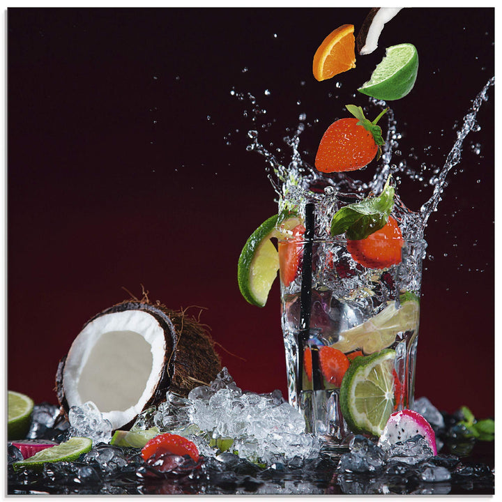 ARTland Glasbilder Wandbild Glas Bild einteilig 50x50 cm Quadratisch Früchte im Wasser Cocktails Fru