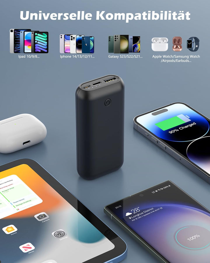 Powerbank 10000mAh Mini Kompakte Externer Akku Power Bank Klein Aber Stark mit Micro + USB C Handy L