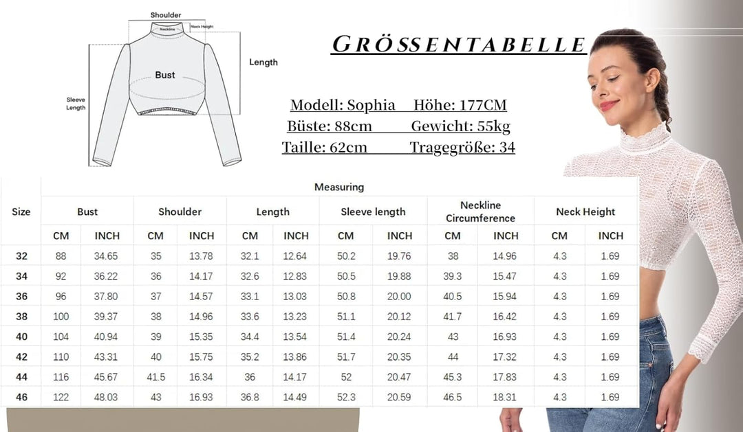 Dirndlwelle Dirndlbluse Hochgeschlossen,Exklusive Trachtenmode Dirndlbluse Langarm Dirndlbluse Weiss