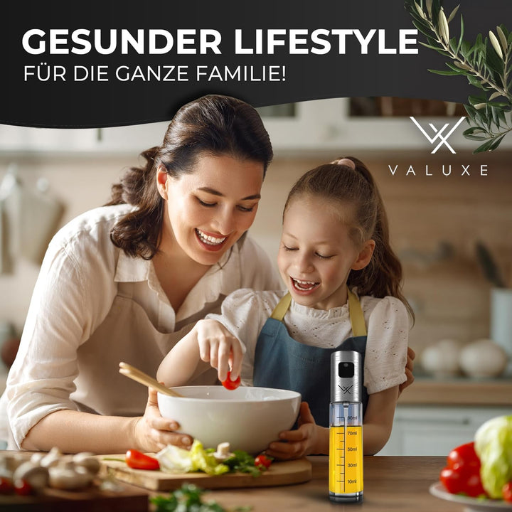 VALUXE® Ölsprüher - Das ORIGINAL - Extrem präzise Öl-Sprühflasche aus Edelstahl und Glas - Multifunk