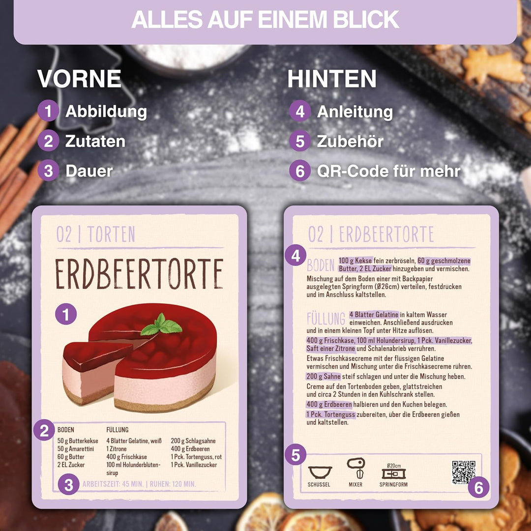 Backkarten - 40 Backrezepte als Backzubehör im Back Set - Geschenke zum Backen - Back Zubehör & Gesc