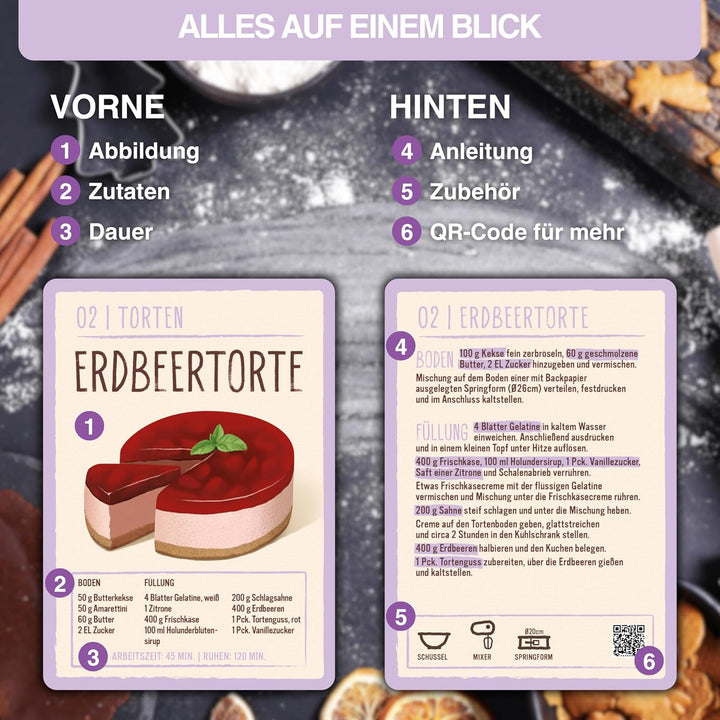 Backkarten - 40 Backrezepte als Backzubehör im Back Set - Geschenke zum Backen - Back Zubehör & Gesc