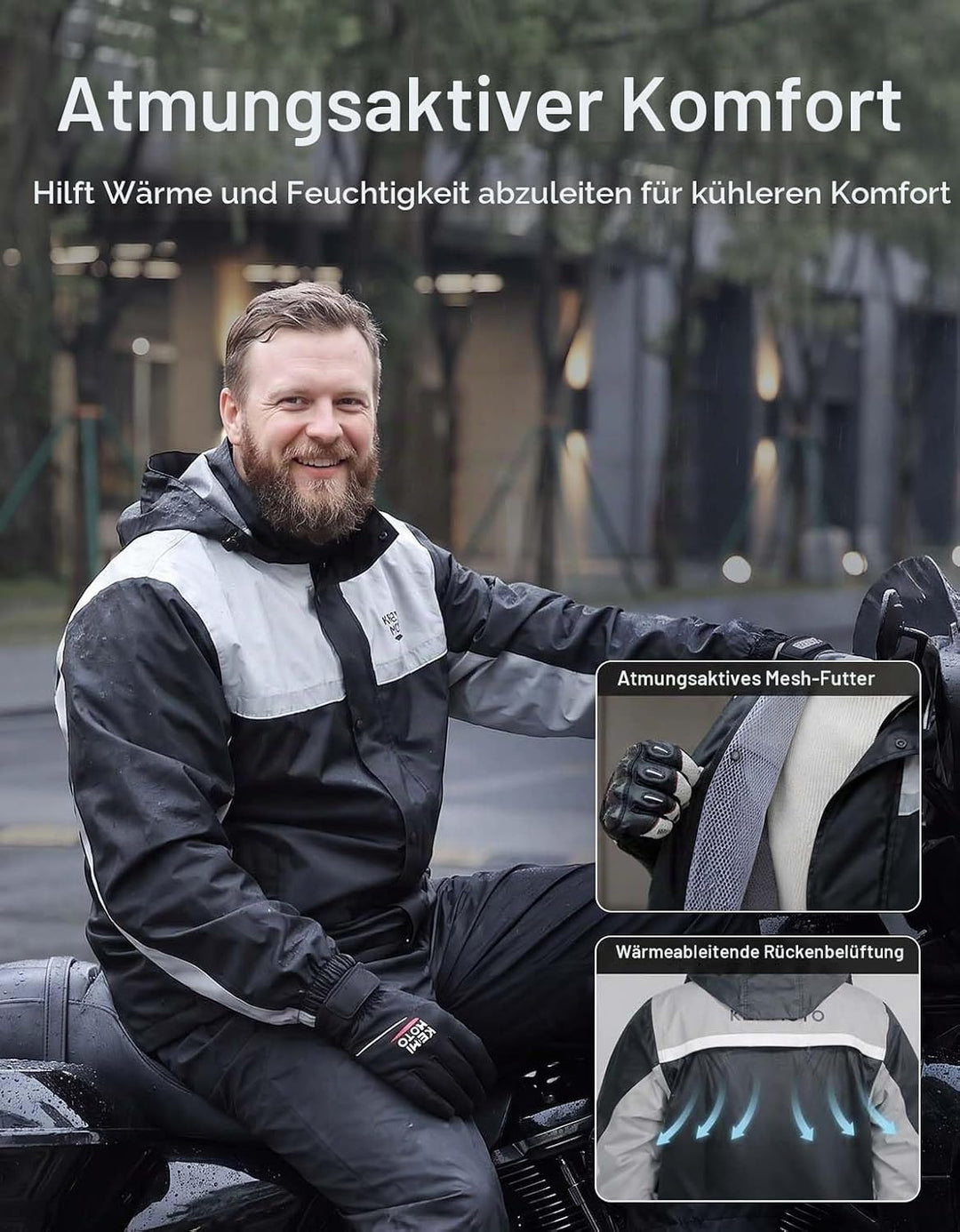 KEMIMOTO Regenanzug für Herren, Wasserdichter Regenmantel, Atmungsaktiv Regenbekleidung Regenjacke f