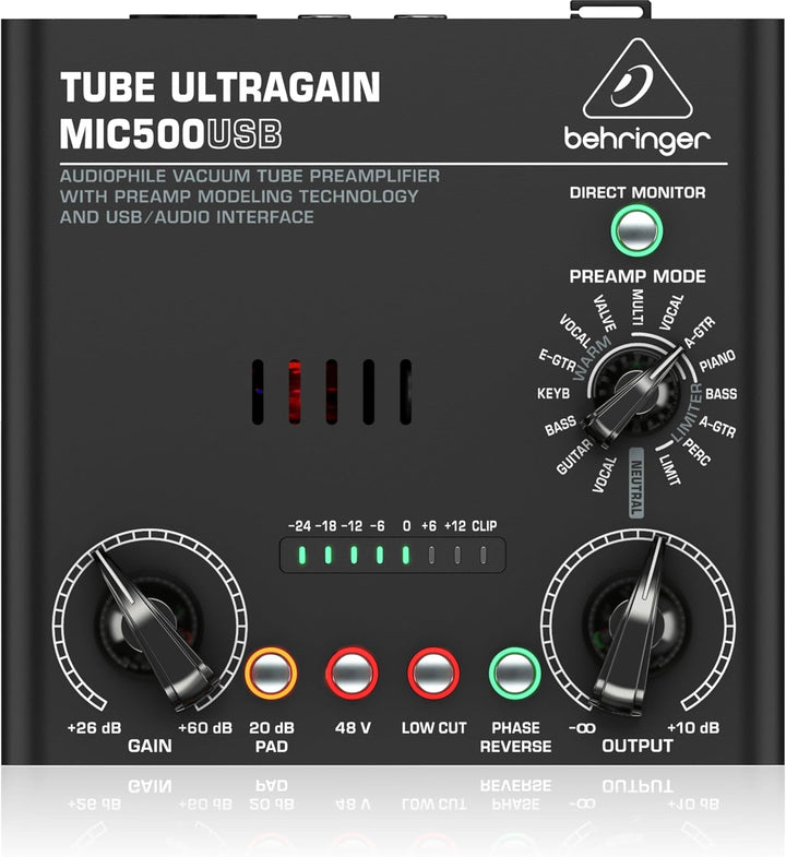 Behringer TUBE ULTRAGAIN MIC500USB Audiophiler Vakuumröhren-Vorverstärker mit Preamp-Modeling-Techno
