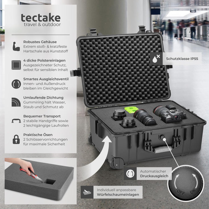 tectake® Kamerakoffer leer mit Schaumstoff, Universalkoffer mit Rollen, wasserdichter Koffer, Trolle