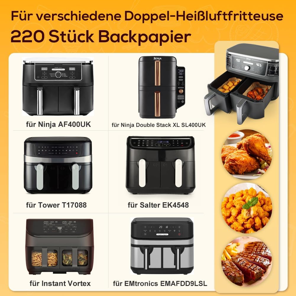 YQL 220 Stück Backpapier für Heissluftfritteuse, Heissluftfritteuse Zubehör für Ninja Foodi Dual Zon