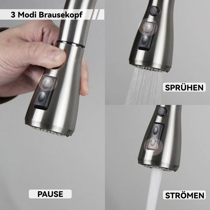 Wasserhahn Küche, SEMANEY Hochdruck Küchenarmatur mit 3 Funktionen Brause Ausziehbar, Hohe Bogen Arm