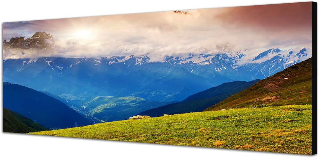 Paul Sinus Art Panoramabild auf Leinwand und Keilrahmen 120x40cm Georgien Kaukasus Berge Schnee Wolk