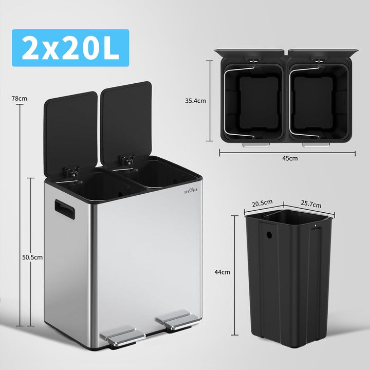 mVm Mülleimer Küche,40 Liter Treteimer,2 x 20 Liter Treteimer, 2 Fächer, Mülltrennsystem, Abfalleime
