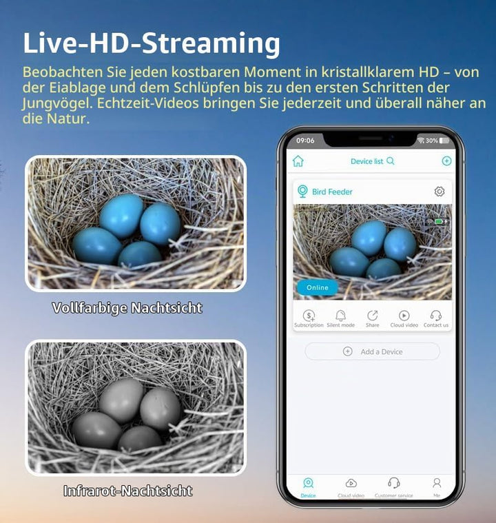 Vogelhaus mit Kamera, 2K Kamera WLAN Outdoor mit Massivholz Nistkasten, 2,4G WiFi &amp; App Benachrichti