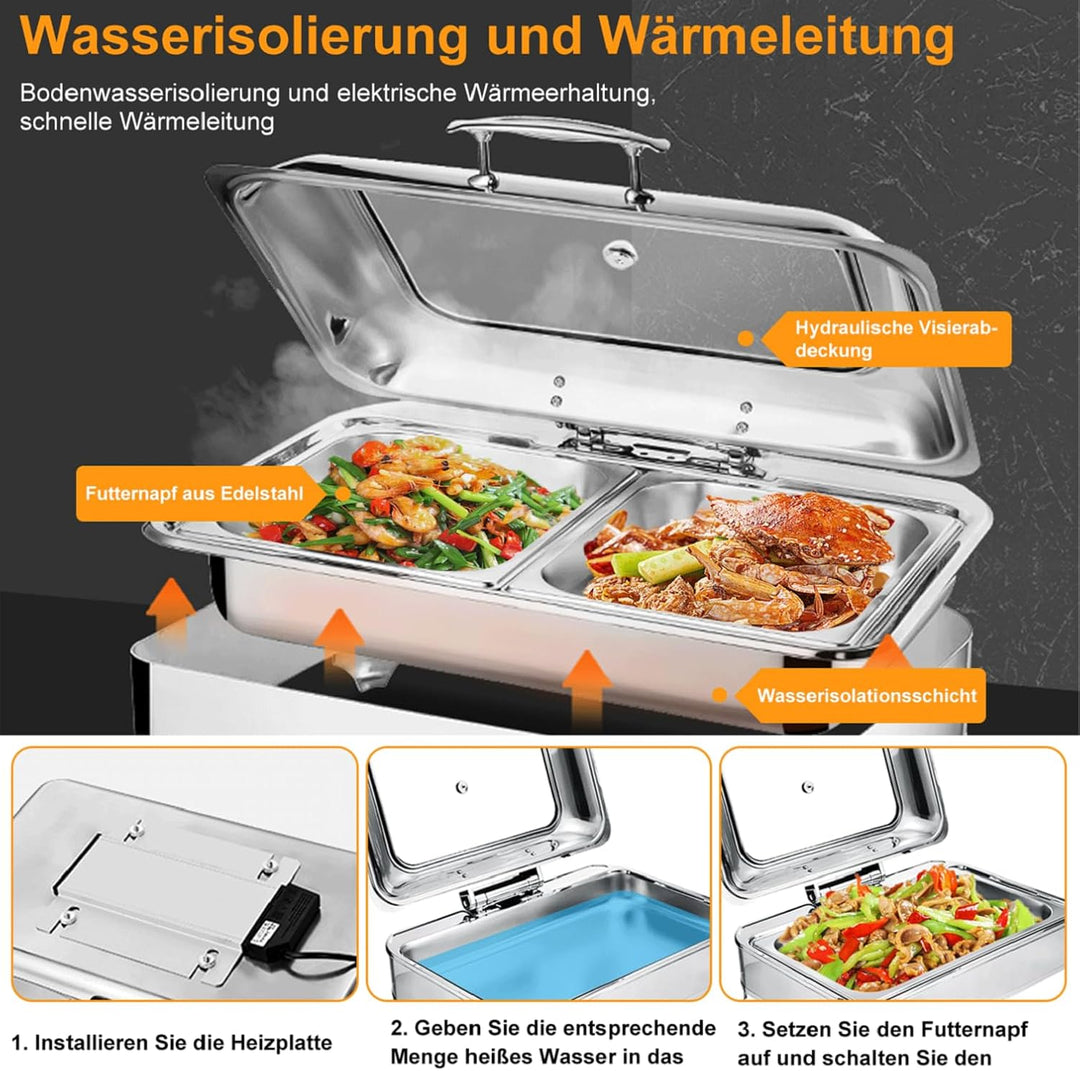 Chafing Dish Elektrisch 9L, Catering Warmhaltebehälter Edelstahl, Rechteckiger Chafing Dish Set Spei