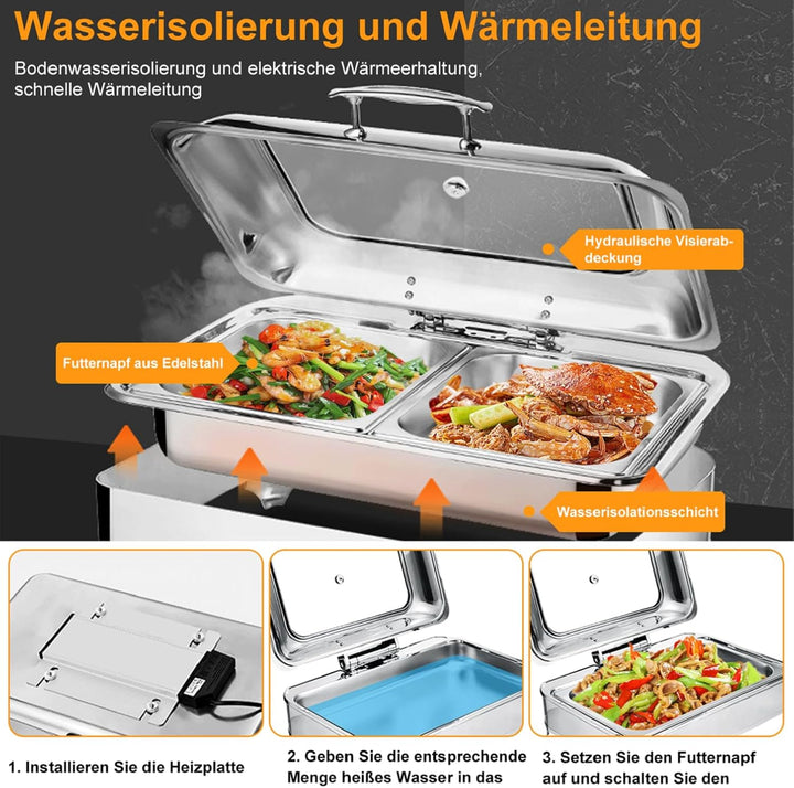 Chafing Dish Elektrisch 9L, Catering Warmhaltebehälter Edelstahl, Rechteckiger Chafing Dish Set Spei