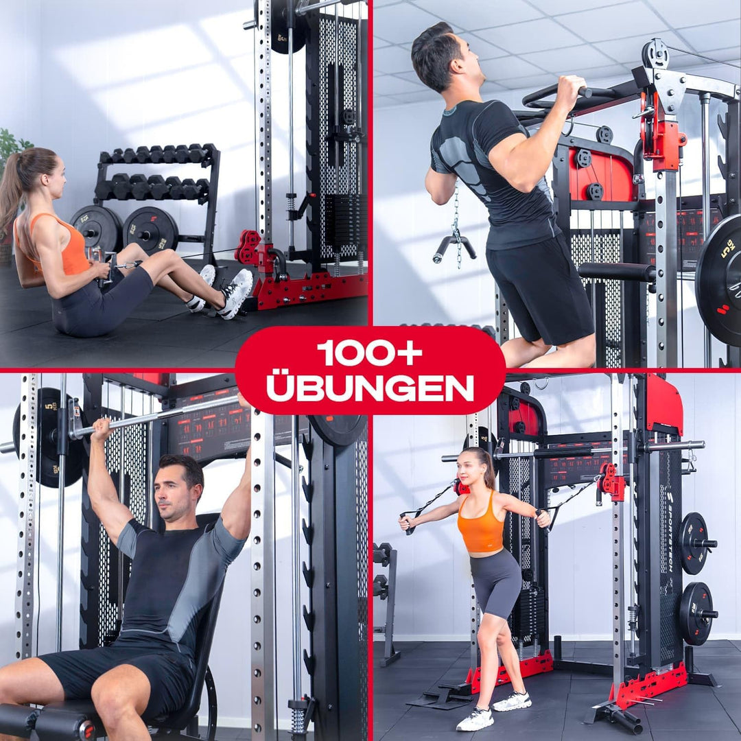 Sportstech SXM200 Smith Machine für Zuhause, Power Rack mit Kabelzug, Klimmzug, Langhantelstange, Be
