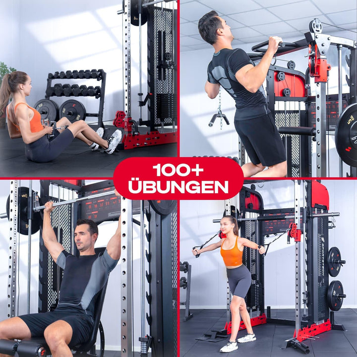Sportstech SXM200 Smith Machine für Zuhause, Power Rack mit Kabelzug, Klimmzug, Langhantelstange, Be
