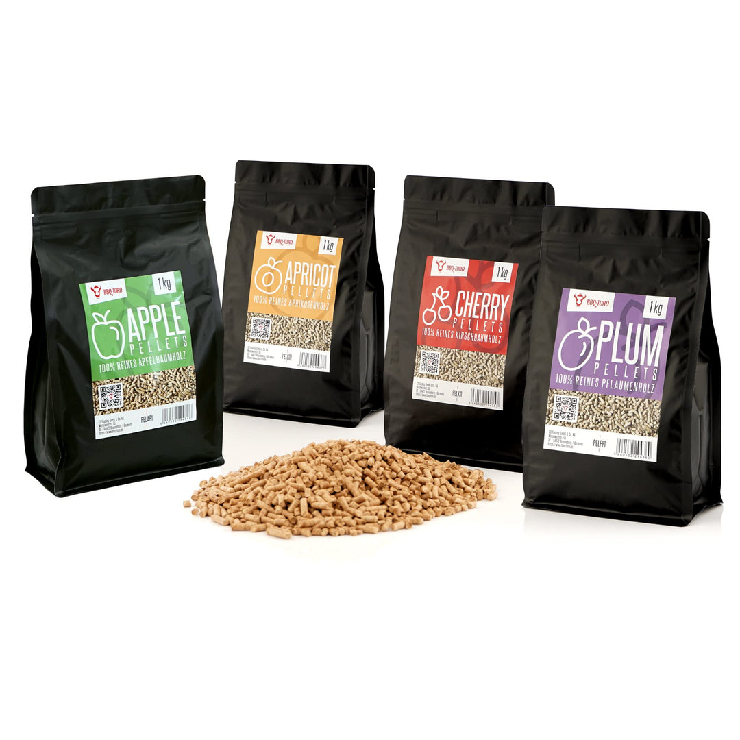 BBQ-Toro Pellets Set aus 100% Fruchtholz | 4 Sorten à 1 kg | Smokerpellets für Grill, Smoker, Pellet