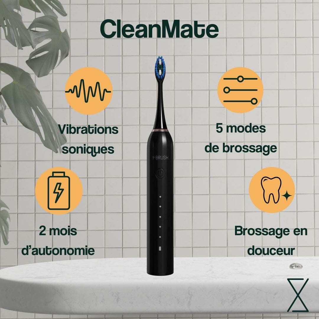 Y-Brush CleanMate Elektrische Schallzahnbürste, wiederaufladbar, USB-C – 2 Monate Akkulaufzeit – 5 P