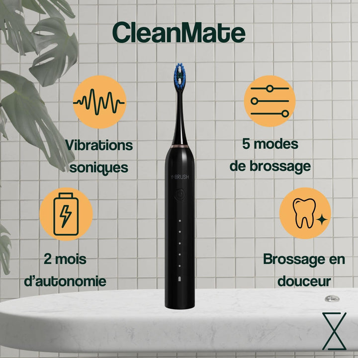 Y-Brush CleanMate Elektrische Schallzahnbürste, wiederaufladbar, USB-C – 2 Monate Akkulaufzeit – 5 P