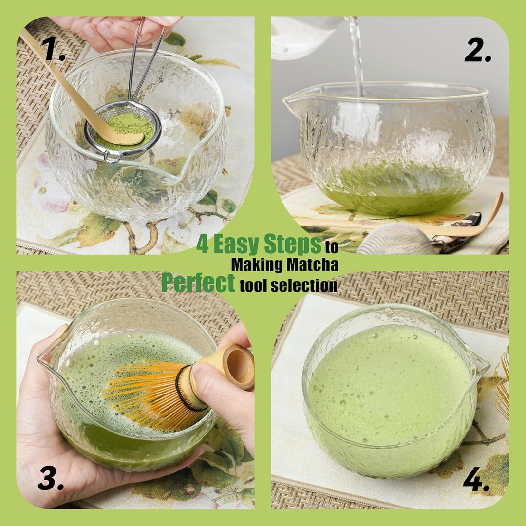 HEI MING Matcha Set hat 8 Teile, Zeremonielles Matcha Tee Set, Glas Matcha Schale und handgemachter