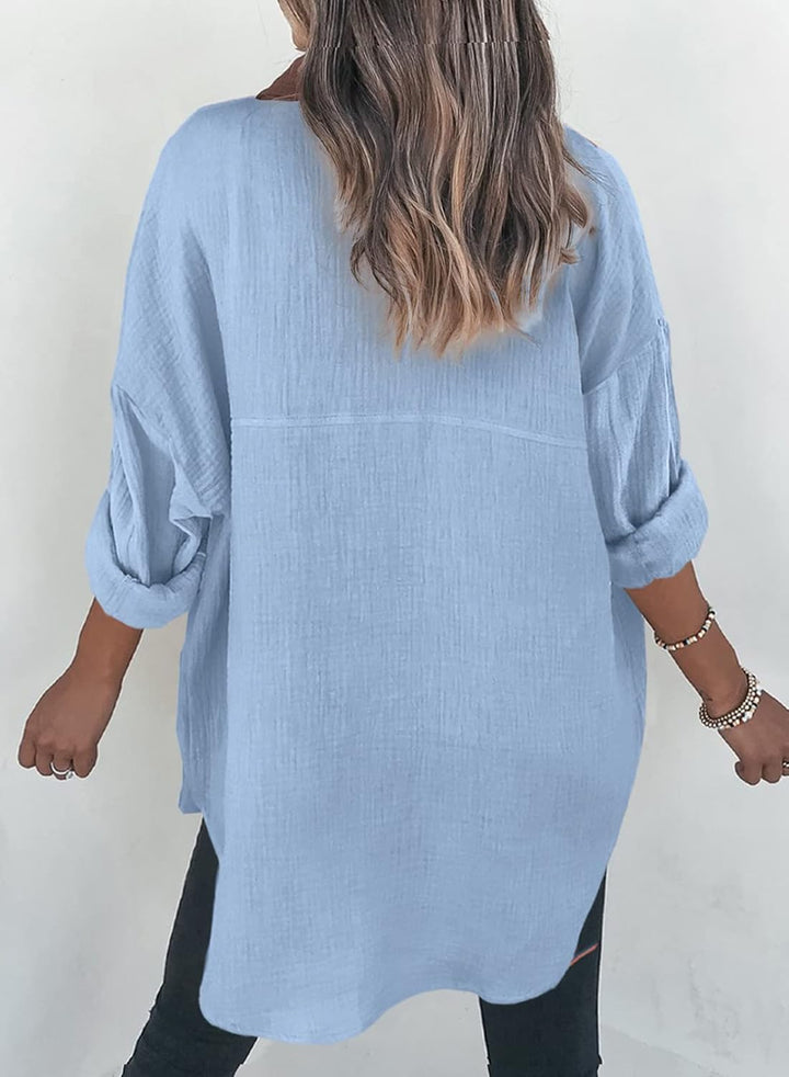 Dokotoo Bluse Damen Musselin Langarmshirt Baumwolle Lässig Oberteile Hemd Langarm Einfarbig Tops Far