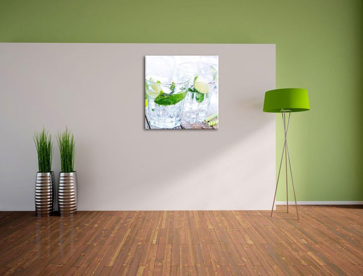 Mojito-Gläser mit Minze, Format: 70x70 auf Leinwand, XXL riesige Bilder fertig gerahmt mit Keilrahme