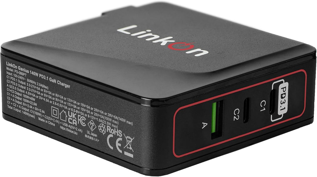 LinkOn Ganius 140W PD3.1 Wandladegerät mit GaN-Technologie, 140W/100W USB-C und 20W QC3.0 USB-A, 3-P
